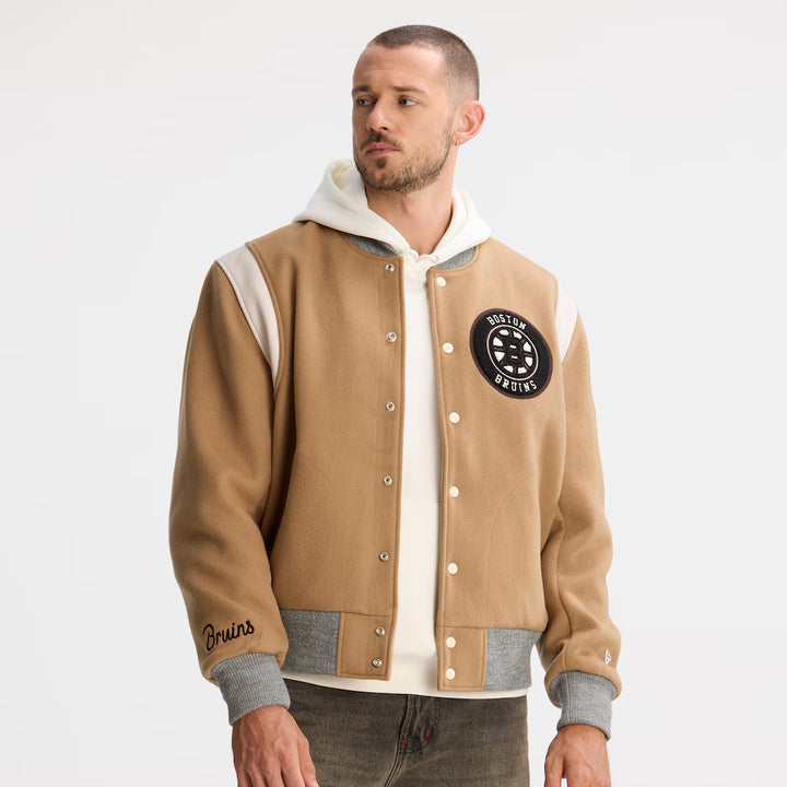 Men's Boston Bruins Todd Snyder Oatmeal Cashmere Full-Snap Varsity Jacket
