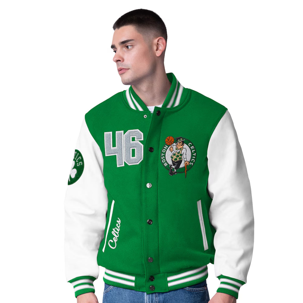 Men's Boston Celtics Green Moneyball Wool & Leather Full-Snap Varsity Jacket