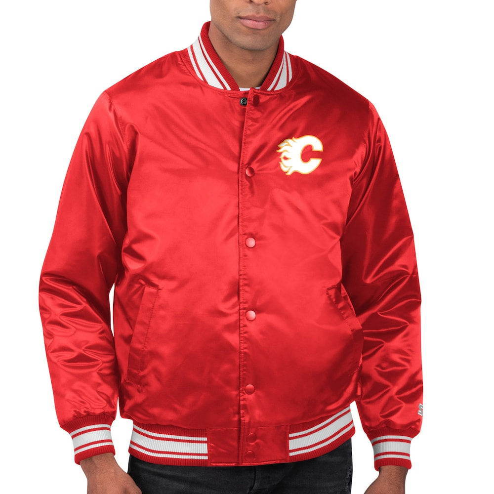 Men's Calgary Flames Starter Red Printed Team Logo Satin Varsity Full-Snap Jacket