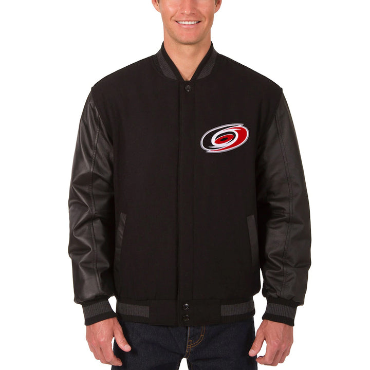 Men's Carolina Hurricanes JH Design Black Reversible Wool & Leather Full-Snap Jacket