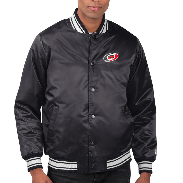 Men's Carolina Hurricanes Starter Black Printed Team Logo Satin Varsity Full-Snap Jacket
