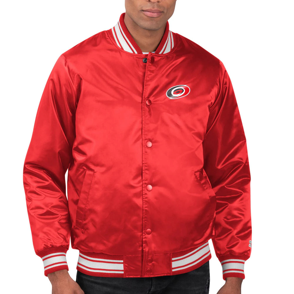 Men's Carolina Hurricanes Starter Red Printed Team Logo Satin Varsity Full-Snap Jacket