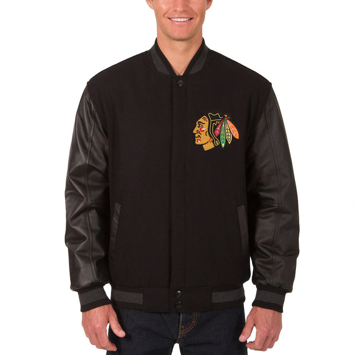 Men's Chicago Blackhawks JH Design Black Two Hit Wool & Leather Reversible Jacket