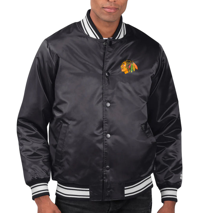 Men's Chicago Blackhawks Starter Black Printed Team Logo Satin Varsity Full-Snap Jacket