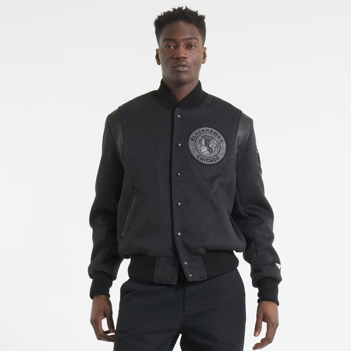 Men's Chicago Blackhawks Todd Snyder Heather Black Cashmere Full-Snap Varsity Jacket