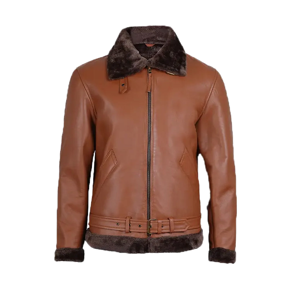 Men's Cognac Leather Shearling Bomber Jacket