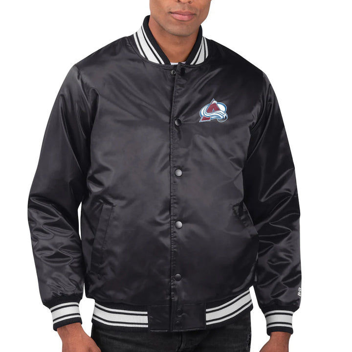 Men's Colorado Avalanche Starter Black Printed Team Logo Satin Varsity Full-Snap Jacket