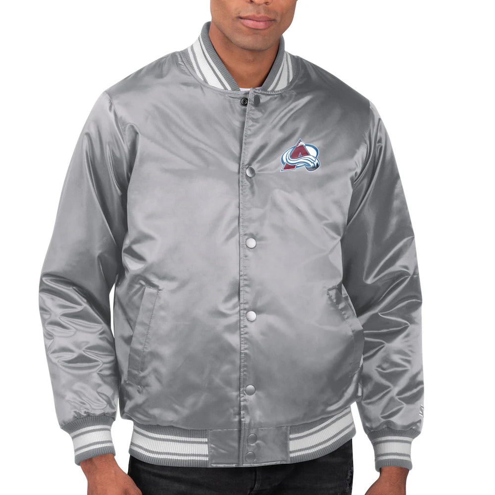 Men's Colorado Avalanche Starter Gray Printed Team Logo Satin Varsity Full-Snap Jacket
