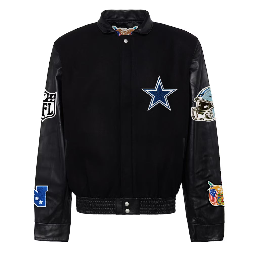 Men's Dallas Cowboys Black Wool & Leather Full-Snap Varsity Jacket