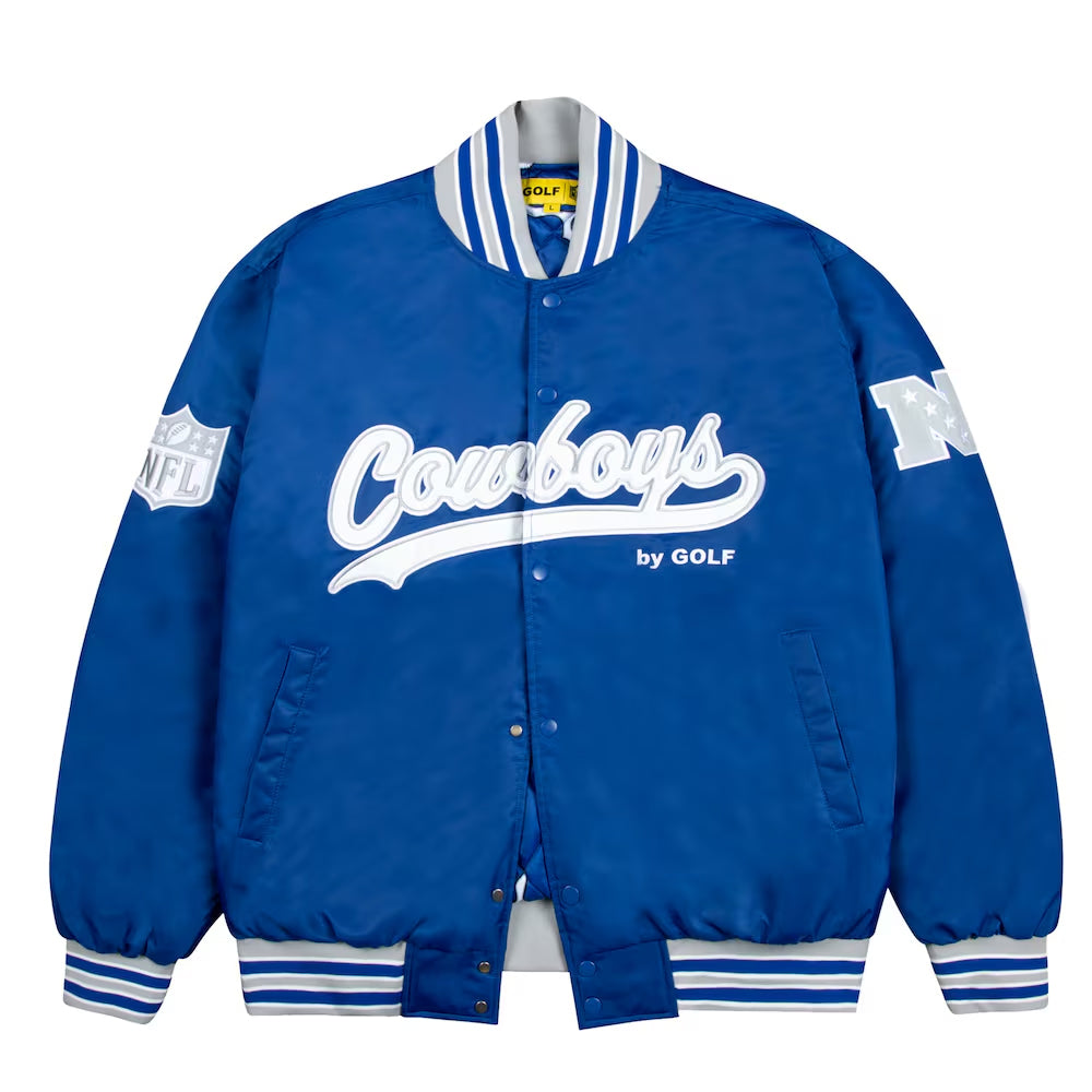Men's Dallas Cowboys GOLF WANG Blue Satin Full-Snap Bomber Jacket