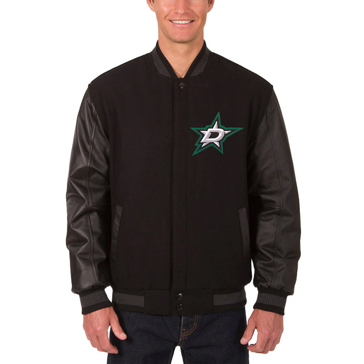 Men's Dallas Stars JH Design Black Reversible Wool & Leather Full-Snap Jacket