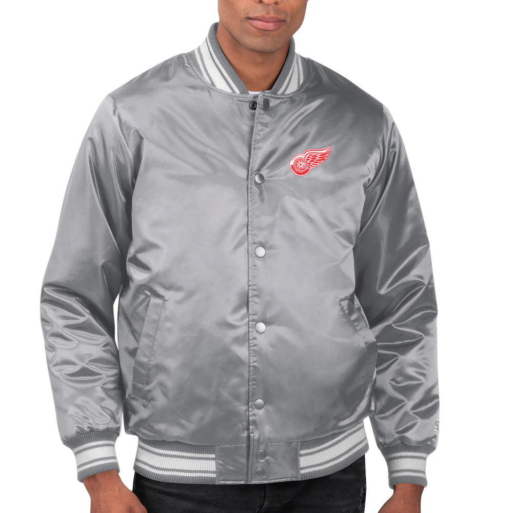 Men's Detroit Red Wings Starter Gray Printed Team Logo Satin Varsity Full-Snap Jacket