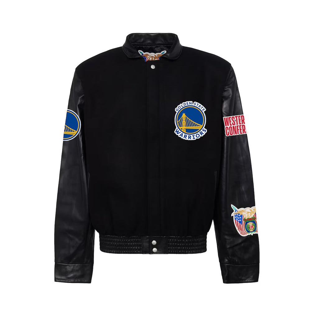 Men's Golden State Warrior Black Wool & Leather Full-Snap Varsity Jacket