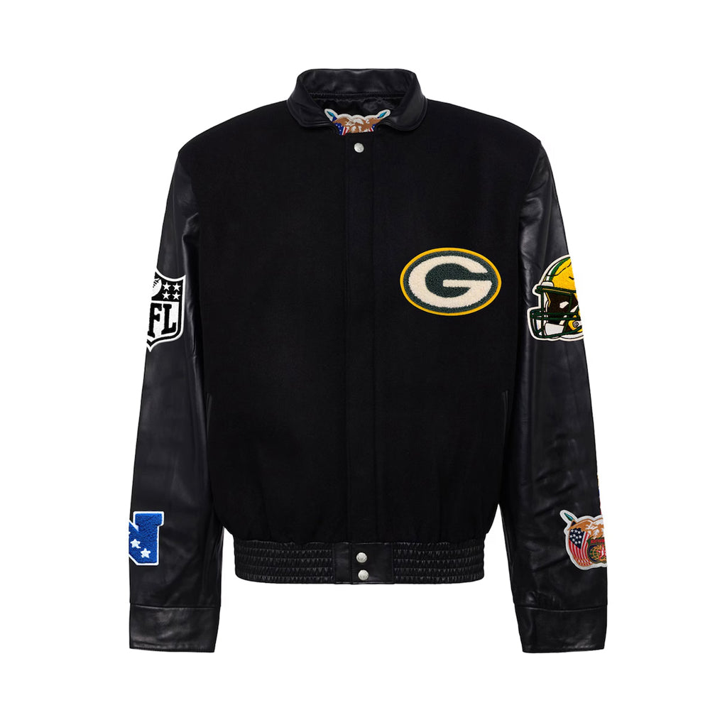 Men's Green Bay Packers Jeff Hamilton Black Wool & Leather Full-Snap Varsity Jacket