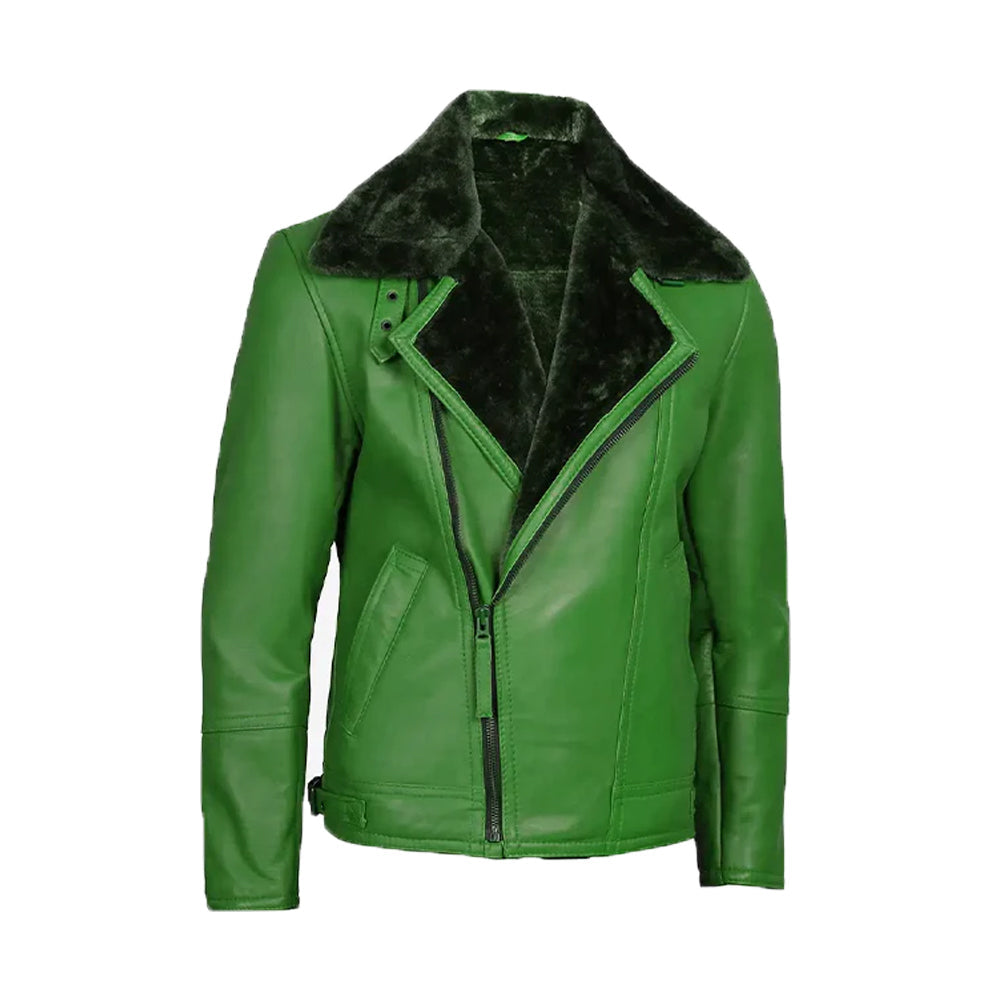 Men's Green Leather Shearling Moto Jacket
