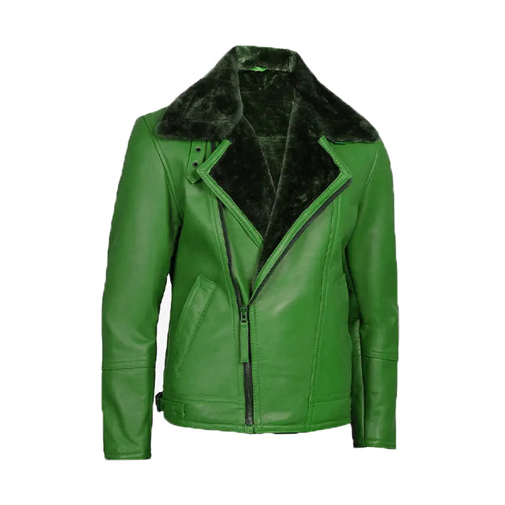 Men's Green Leather Shearling Moto Jacket