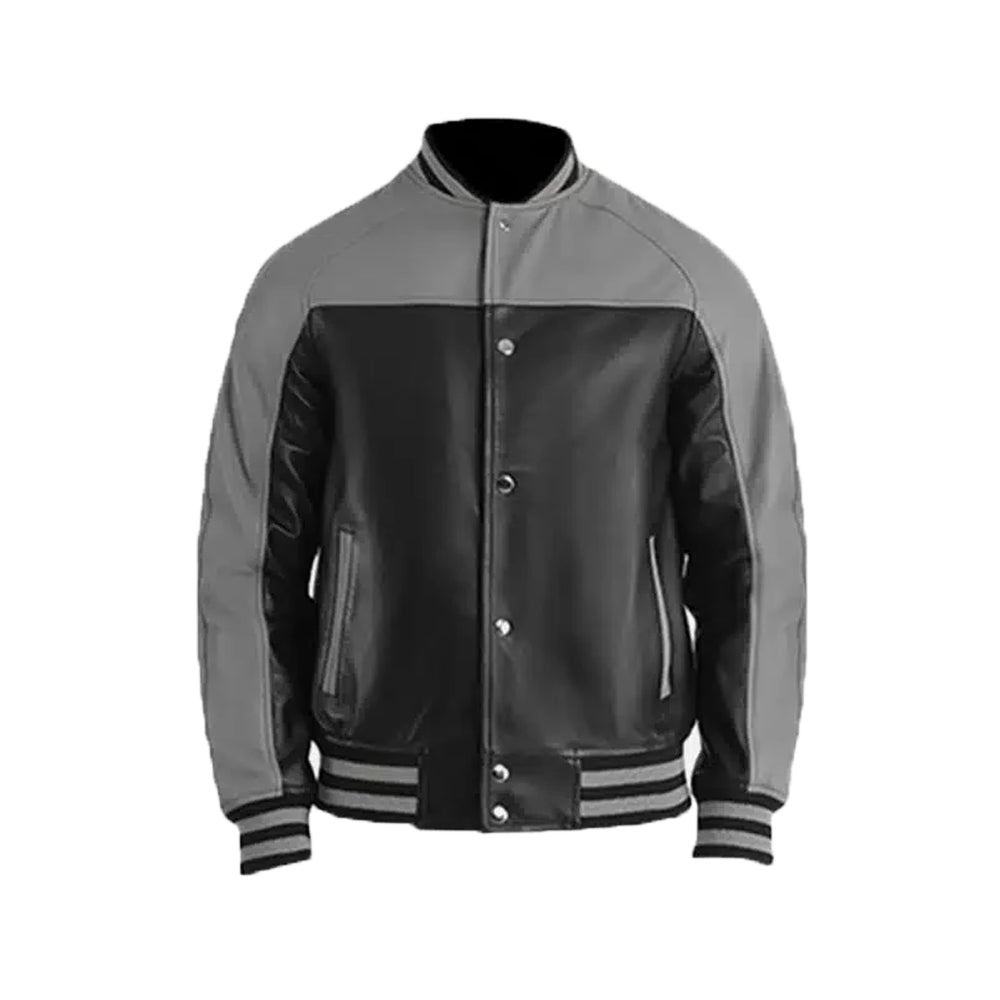 Men’s Grey Black Leather Varsity Jacket
