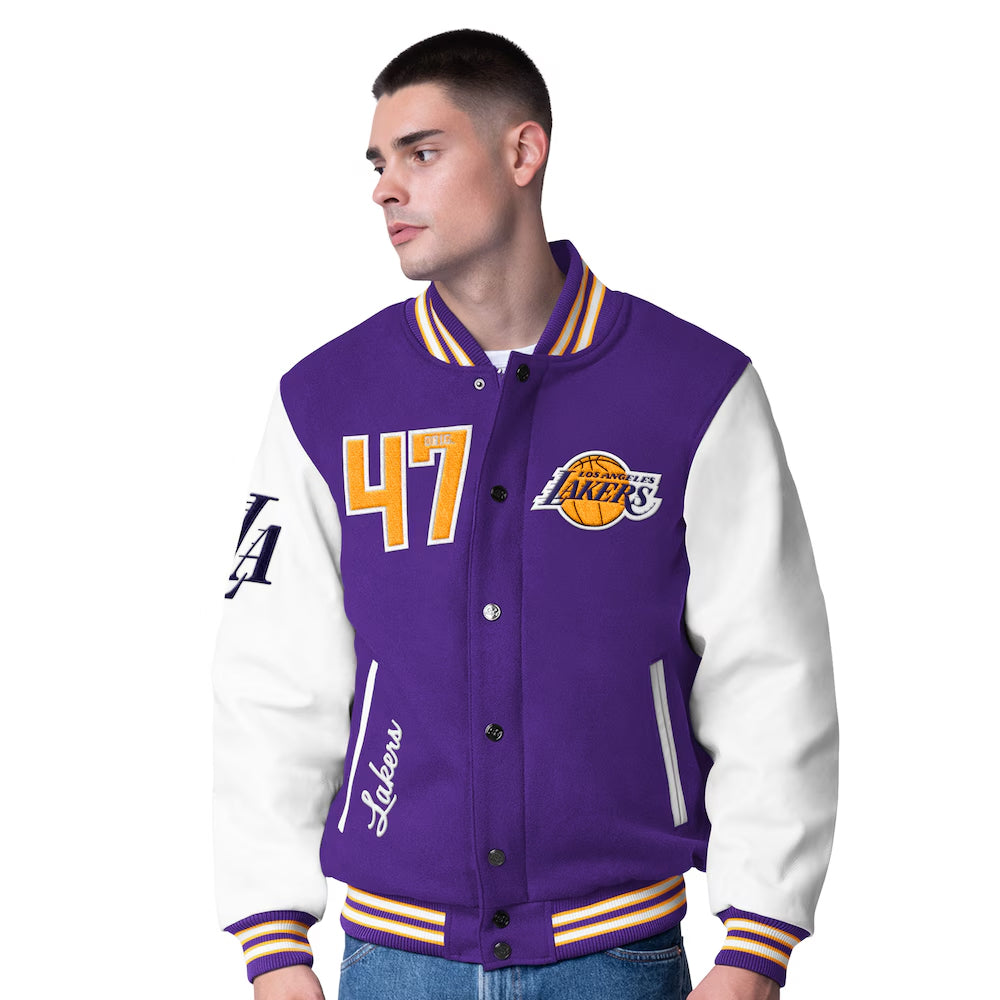 Men's Los Angeles Lakers G-III Sports by Carl Banks Purple Moneyball Wool & Leather Full-Snap Varsity Jacket