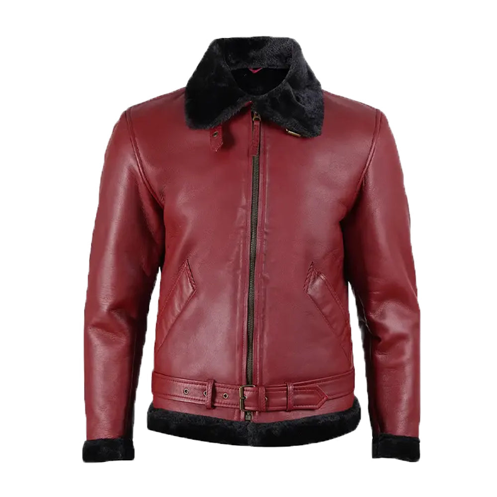 Men's Maroon Leather Shearling Bomber Jacket