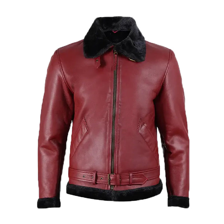 Men's Maroon Leather Shearling Bomber Jacket