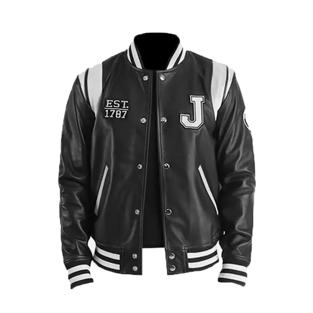 Men's New Jersey Black Leather Varsity Jacket