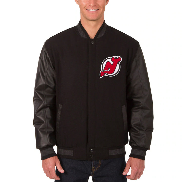 Men's New Jersey Devils JH Design Black Two Hit Wool & Leather Reversible Jacket
