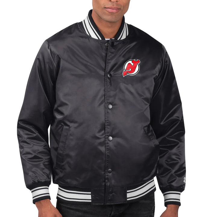 Men's New Jersey Devils Starter Black Printed Team Logo Satin Varsity Full-Snap Jacket