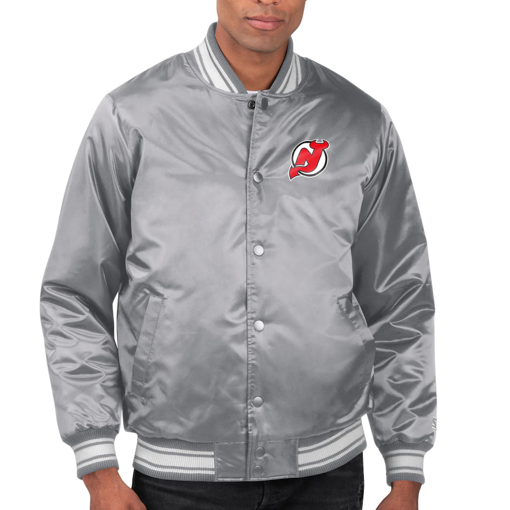 Men's New Jersey Devils Starter Gray Printed Team Logo Satin Varsity Full-Snap Jacket