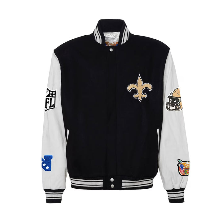 Men's New Orleans Saints Black Wool & Leather Full-Snap Varsity Jacket