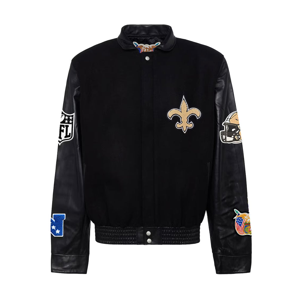 Men's New Orleans Saints Jeff Hamilton Black Wool & Leather Full-Snap Varsity Jacket