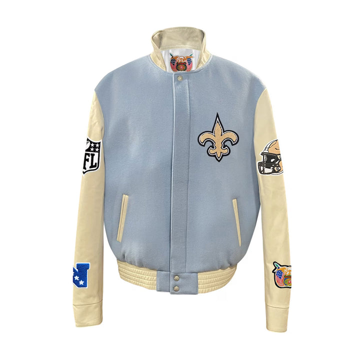 Men's New Orleans Saints Jeff Hamilton Light Blue Wool & Leather Full-Snap Varsity Jacket