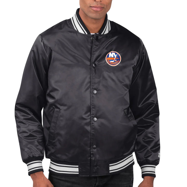 Men's New York Islanders Starter Black Printed Team Logo Satin Varsity Full-Snap Jacket