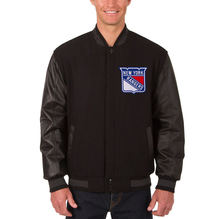 Men's Boston Bruins JH Design Black Two Hit Wool & Leather Reversible Jacket