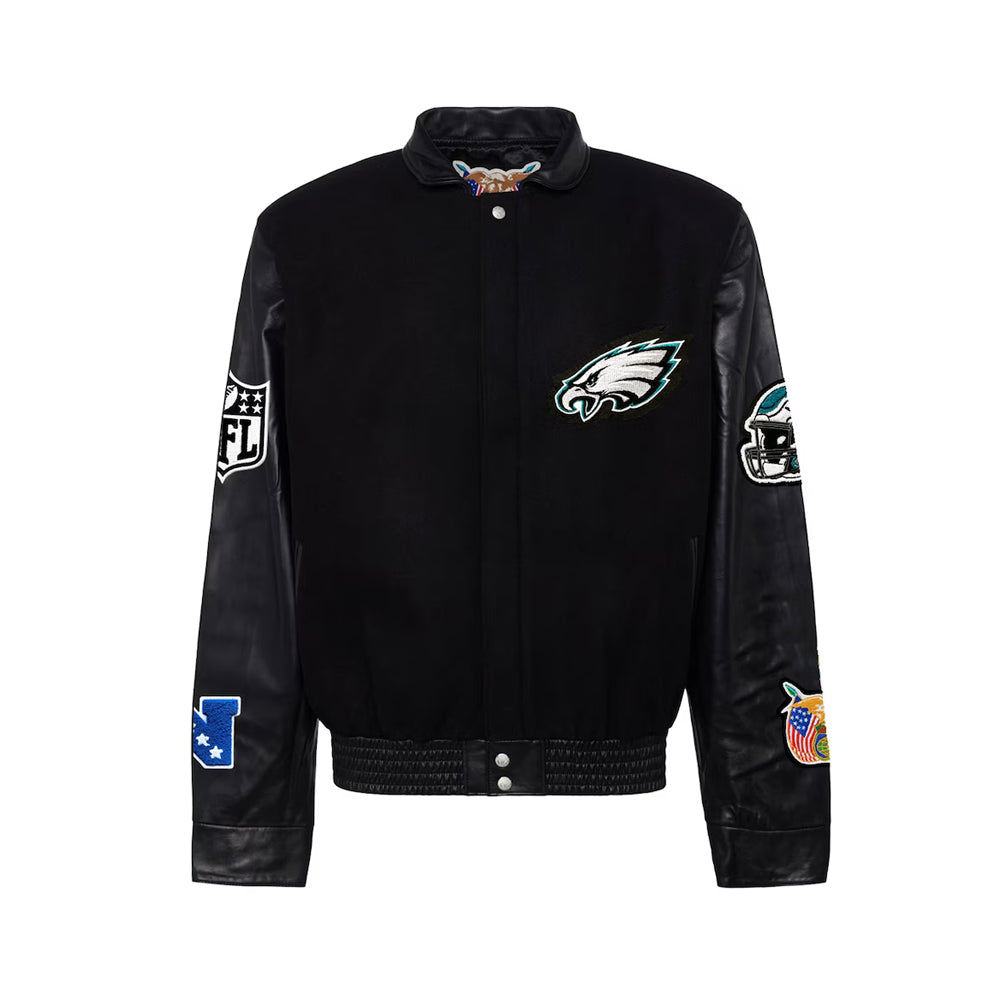 Men's Philadelphia Eagles Jeff Hamilton Black Wool & Leather Full-Snap Varsity Jacket
