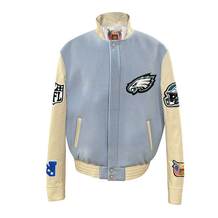 Men's Philadelphia Eagles Jeff Hamilton Light Blue Wool & Leather Full-Snap Varsity Jacket