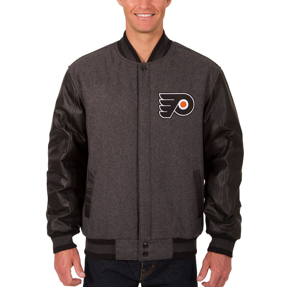 Men's Philadelphia Flyers JH Design Charcoal-Black Two Hit Wool & Leather Reversible Jacket
