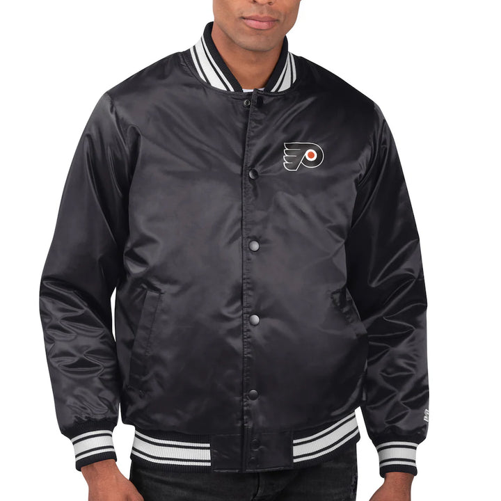 Men's Philadelphia Flyers Starter Black Printed Team Logo Satin Varsity Full-Snap Jacket