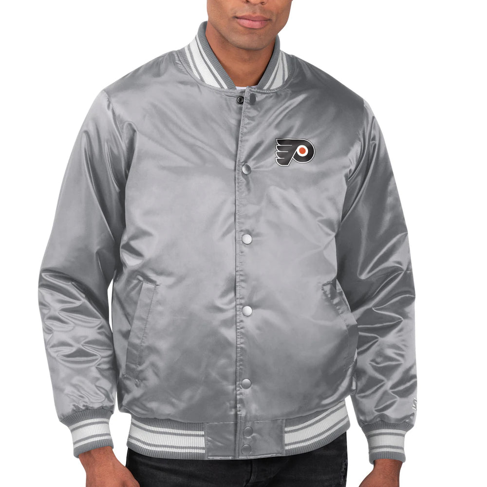 Men's Philadelphia Flyers Starter Gray Printed Team Logo Satin Varsity Full-Snap Jacket