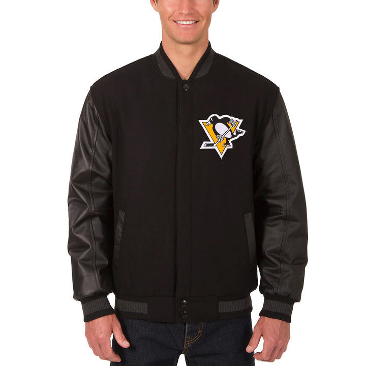 Men's Pittsburgh Penguins JH Design Black-Charcoal Wool & Leather Front Hit Reversible Jacket