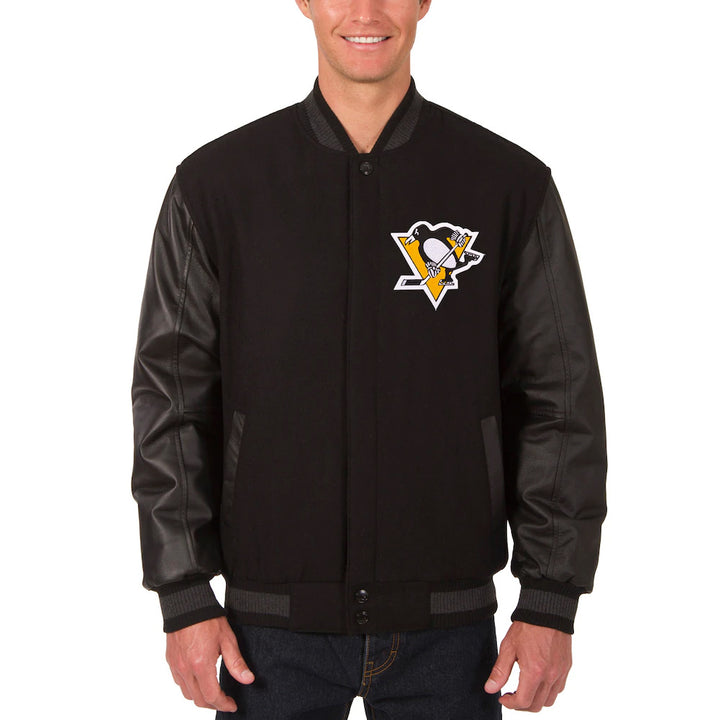 Men's Pittsburgh Penguins JH Design Black Two Hit Wool & Leather Reversible Jacket