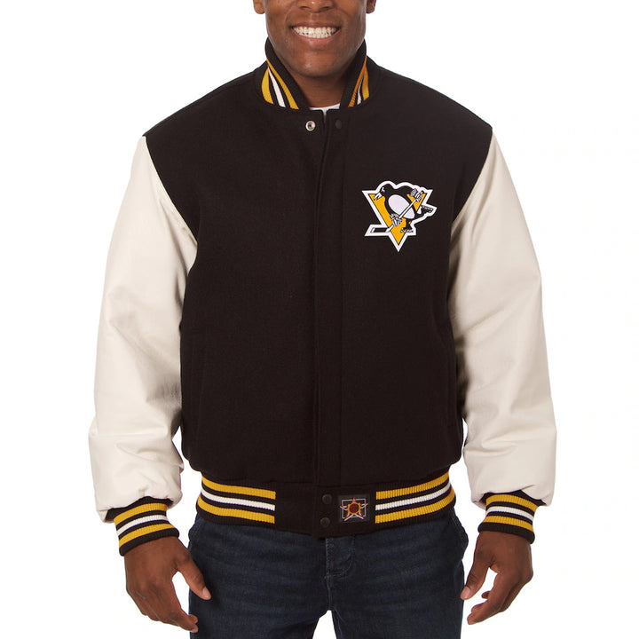 Men's Pittsburgh Penguins JH Design Black Wool & Leather Jacket with Embroidered Logos