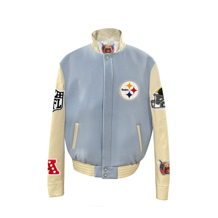 Men's Pittsburgh Steelers Jeff Hamilton Light Blue Wool & Leather Full-Snap Varsity Jacket