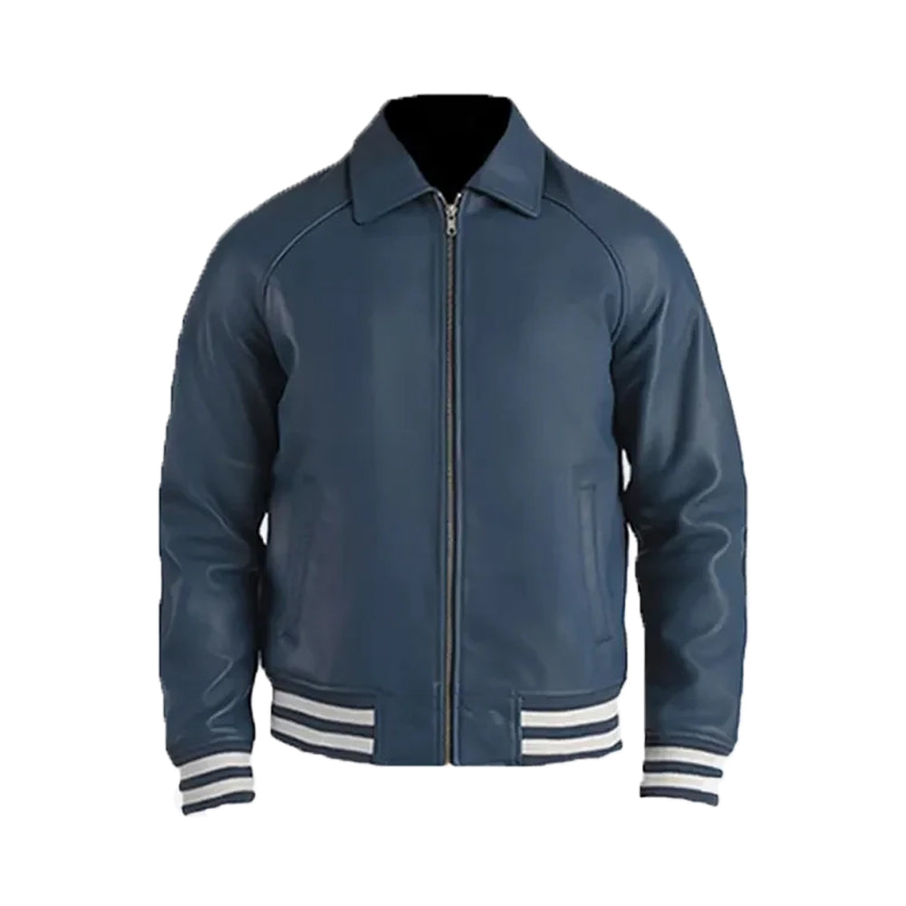 Men's Plain Blue Leather Varsity Jacket