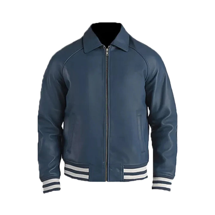 Men's Plain Blue Leather Varsity Jacket