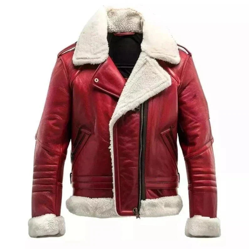 Men’s Red Leather Shearling Jacket - Christmas Style