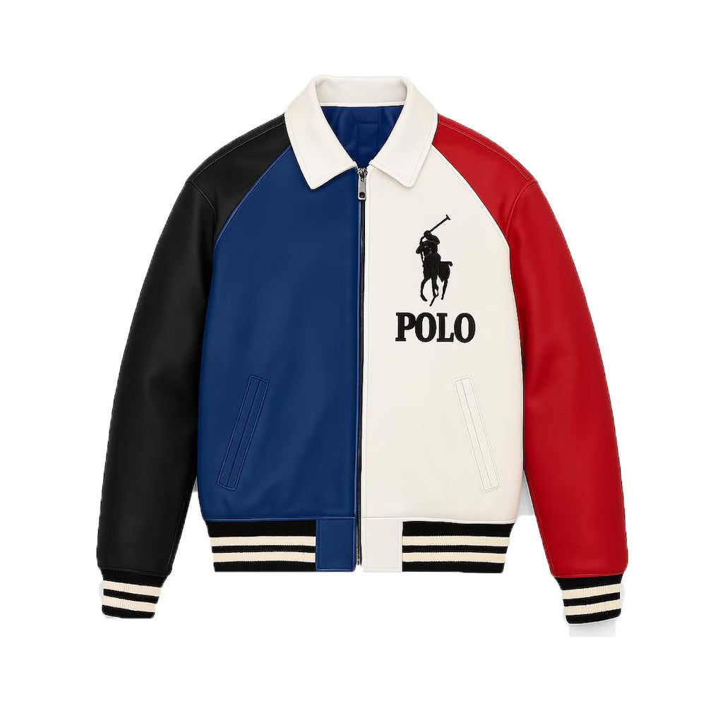 Men's Red White & Black Cowhide Leather Varsity Jacket