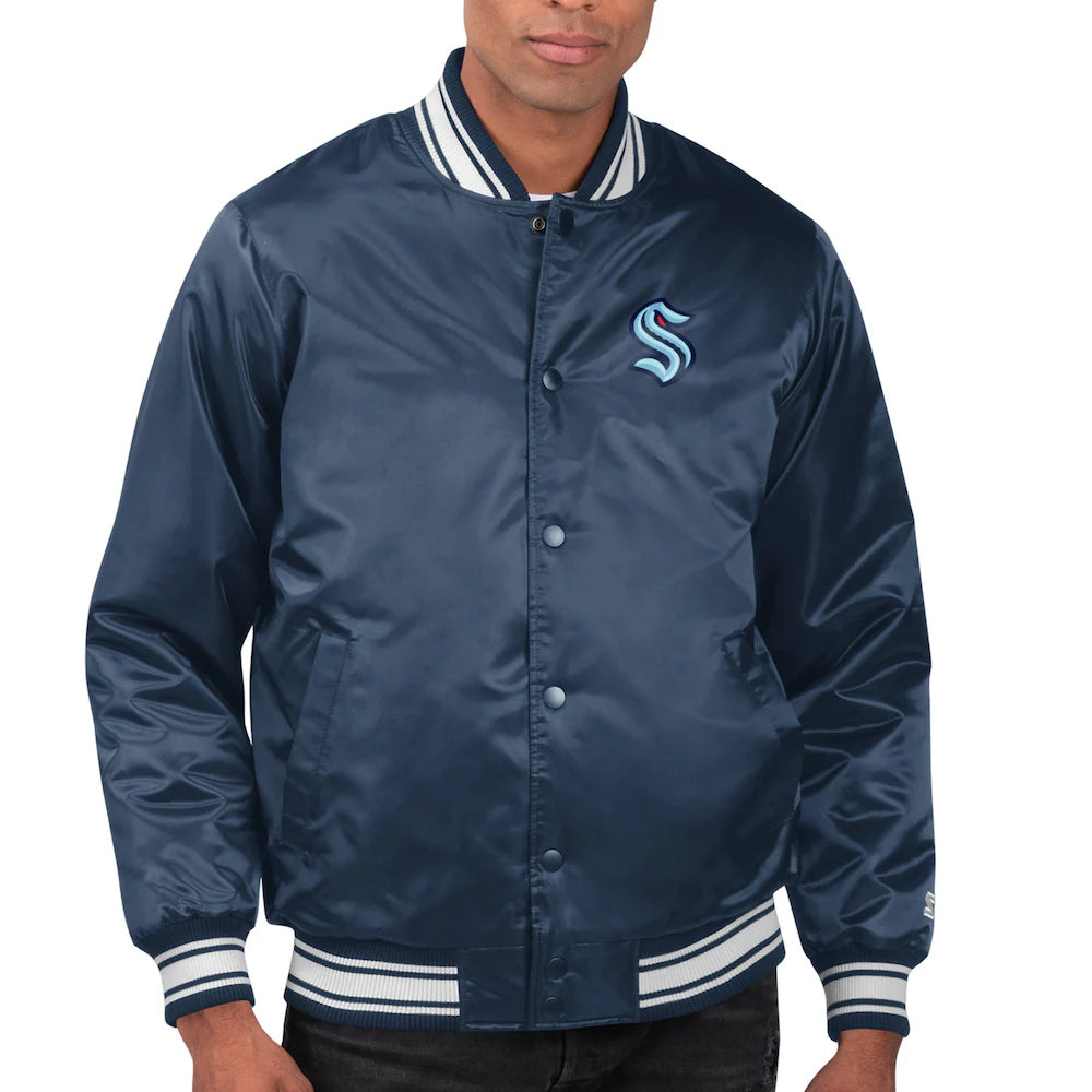 Men's Seattle Kraken Starter Deep Sea Blue Printed Team Logo Satin Varsity Full-Snap Jacket