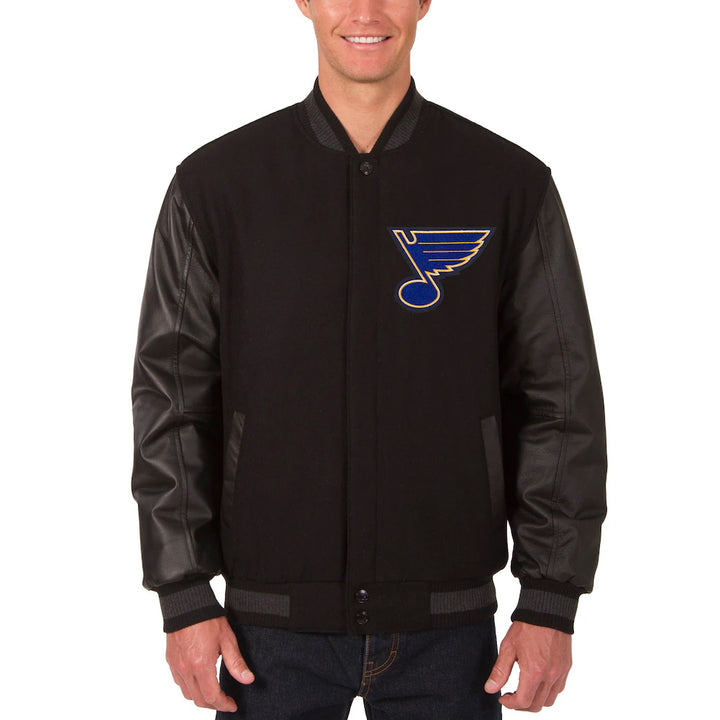 Men's Black Reversible Wool & Leather Full-Snap Jacket