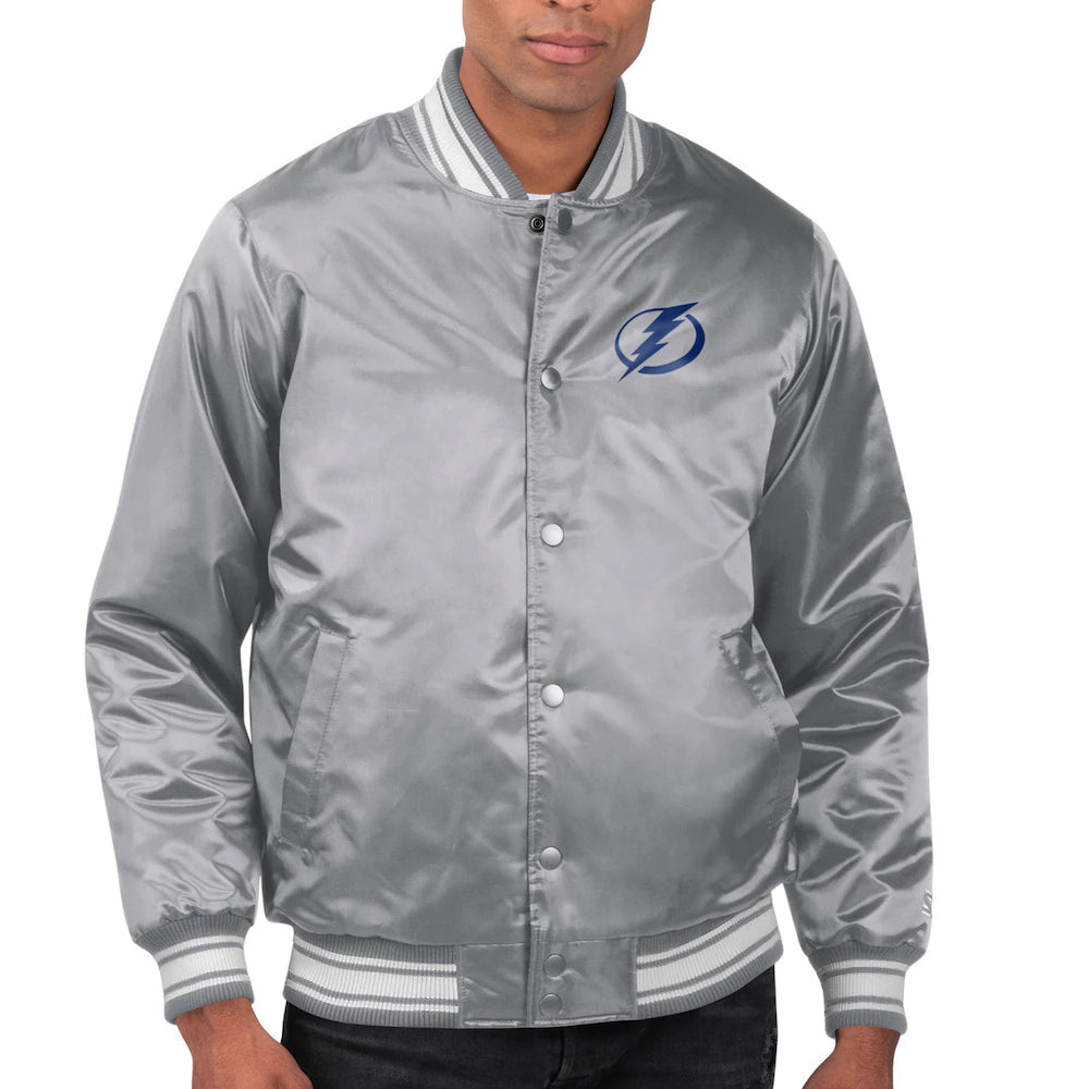 Men's Tampa Bay Lightning Starter Gray Printed Team Logo Satin Varsity Full-Snap Jacket