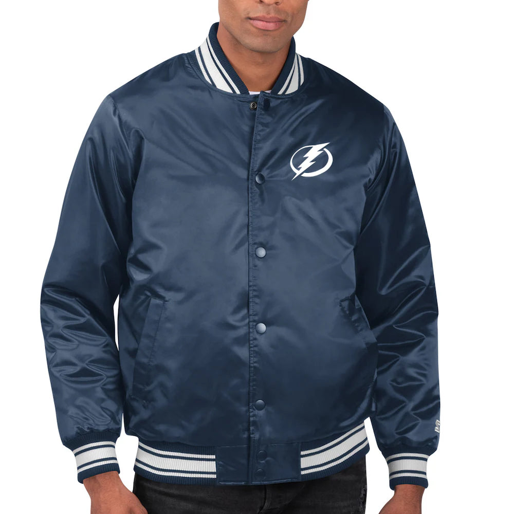 Men's Tampa Bay Lightning Starter Navy Printed Team Logo Satin Varsity Full-Snap Jacket